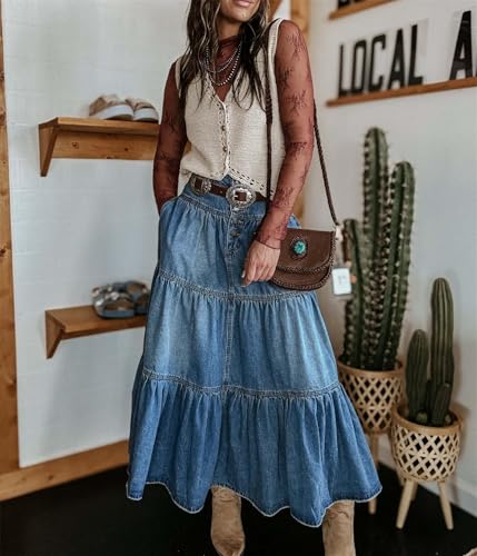Women Tiered Ruffle Hem Denim Maxi Skirt Button Washed Swing A-Line Jean Maxi Skirt Casual Trendy Flowy Swing A-Line Skirt3