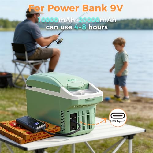 Image of Iceblue Electric Cooler with Type-C, 8 Liter /11 Cans Mini Fridge with Belt, 9V Type-C Thermoelectric Dual-use Car Refrigerator, Car Fridge for Car, Dorm, Travel, Picnic, Gift (Green)