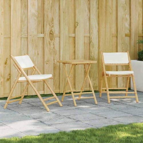 Cervaline Ensemble de Bistro Pliante 3 pcs et Coussins Blanc crème Bambou,Meubles,Mobilier de Jardin,Salons de Jardin,17 kg-3208933