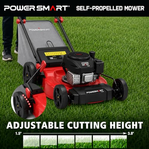 Image of PowerSmart 21-Inch Gas Self-Propelled Lawn Mower, 170cc OHV Engine, Reinforced Steel Deck, 3-in-1 Bagging /Mulching /Rear Discharge, 6 Cutting Heights (1.5 inch-3.9 inch), 10 inch Rear Wheels, Foldable Handle