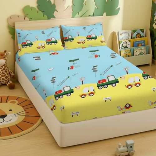 Image of Filymore Kids Car Print Fitted Bedsheet Double Bed | 240 TC Microfiber | 72x72 inches | 1 Bedsheet + 2 Pillow Covers | Lemon & Sky Blue
