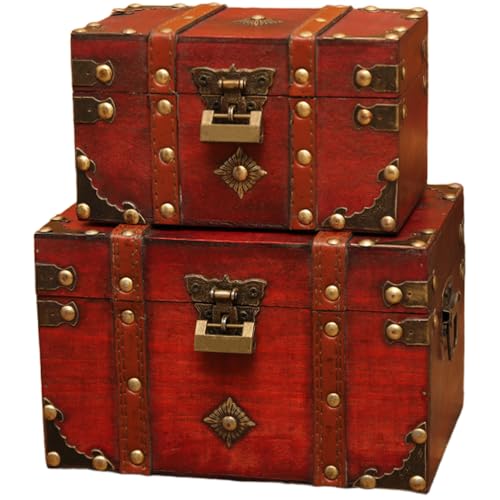 HHWRT Decorative Treasure Chest, Vintage Wooden Storage Box with Lock, Red, Extreme Minimalist Style, Secure & Stylish Storage, Perfect for Home Decoration & Organizing Keepsakes