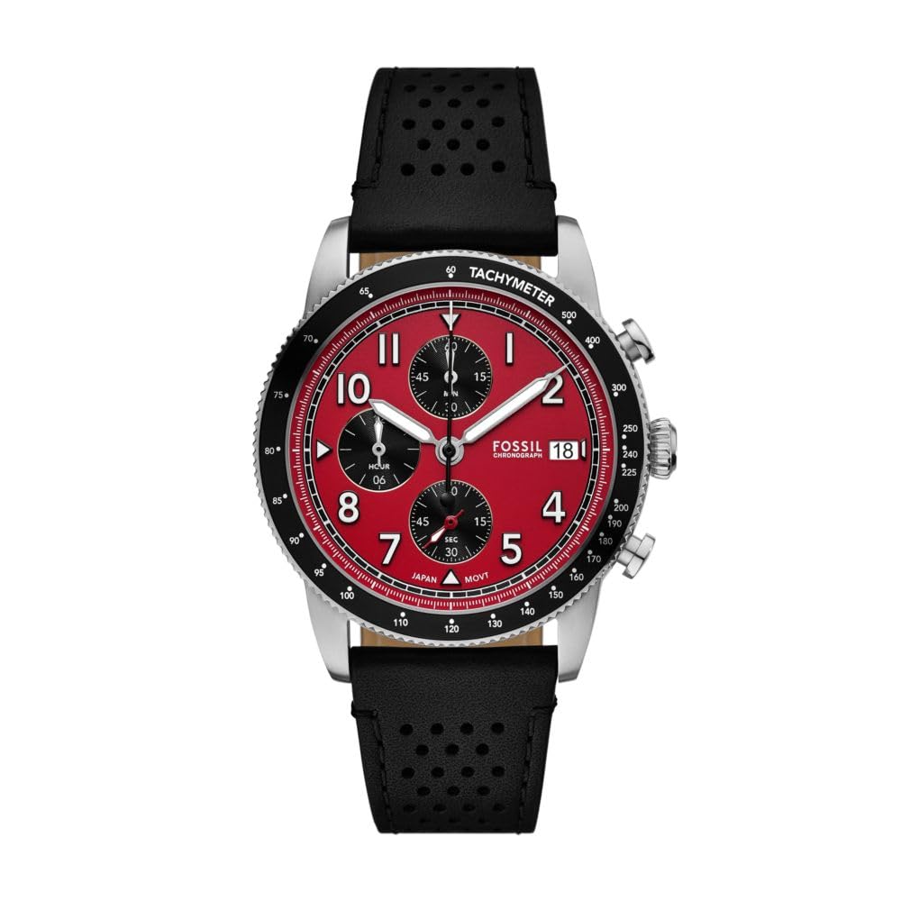 Fossil Men's Watch, Sport Tourer Quartz Stainless Steel Chronograph Watch for Men Black Leather/Silver/Red