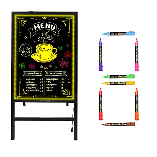 Woodsam Standing LED Board Sign - First Illuminated Easel with Neon Chalk Marker - Rustic Steel Vintage Decor for School Wedding Bar Restaurant Kitchen and Home