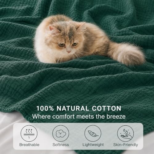 Image of Cotton Muslin Blankets for Adults, 6-Layer Large Throw, 50 x 70, Dark Green