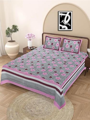 Image of Indian Hand Block Printed 200 TC Cotton Double Bedsheet with 2 Pillow Covers 90 By 100 Inches