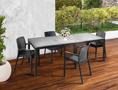 TAVOLO DA ESTERNO- Tavolo rettangolare allungabile da pranzo con 4 sedie incluse, Tavolo e sedute da giardino effetto rattan, 100% Made in Italy, Antracite