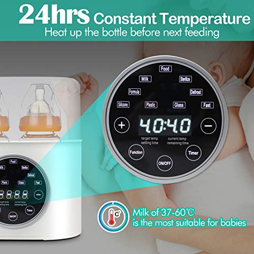 Bottle Warmer, CREPOW Fast Baby Bottle Warmer and Sterilizer Double Bottle 6-in-1 Fast Food Heater Defrost Warmer for Baby Milk Breastmilk Formula with LED Display Thermostat Timer Function