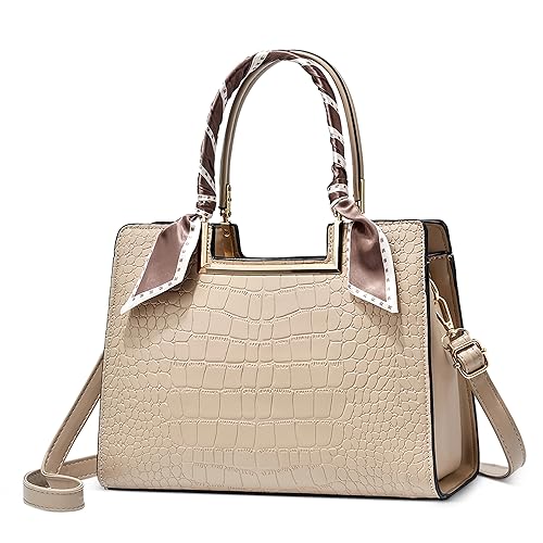Donna Borsa a Mano Grande Moda a Tracolla con Nastro Elegante Classica Trama Borse Tote per Shopping Lavoro Viaggio Quotidiano Casuale PU Pelle Messenger Cachi