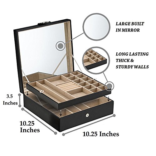Glenor Co 28 Section Jewelry Box - 2 Layer - Buckle Snap & Magnet Closure - Large Mirror - Leather Design - Black - Jewelry Organizer For Women & Girls - Holder For Earring Ring Necklace & Bracelet #TOP5