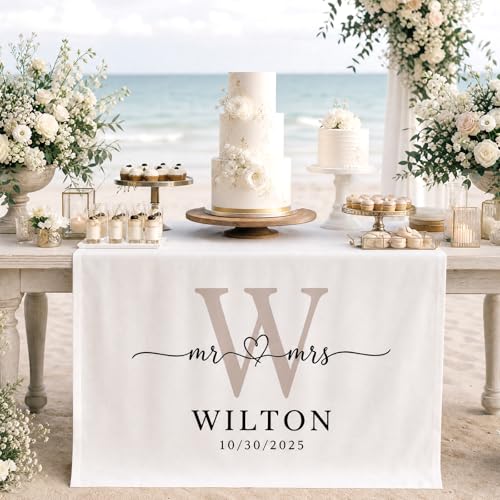 Image of Custom Table Runner Personalized Table Runner Wedding Welcome Sign Wedding Table Runner just Married Sign mr and mrs Sign Personalized Wedding Banner Linen Sweetheart Table Decor Custom Welcome Sign