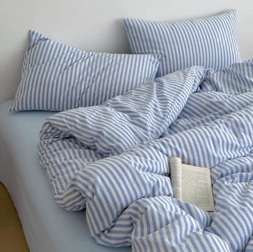 Image of PinkMemory Blue White Striped Duvet Cover Queen 100% Washed Cotton Stripes Patterned Duvet Cover Set Full 3pcs Retro Striped Bedding Set with Zipper Closure Corner Ties,Soft Breathable