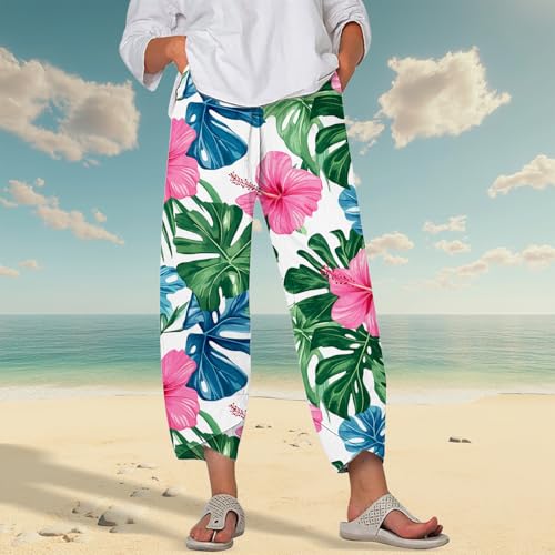 Image of DMOYALA Linen Pants for Women Summer Casual Wide Leg Capri Pants Loose Fit Palazzo Pants Cropped Beach Pants with Pockets