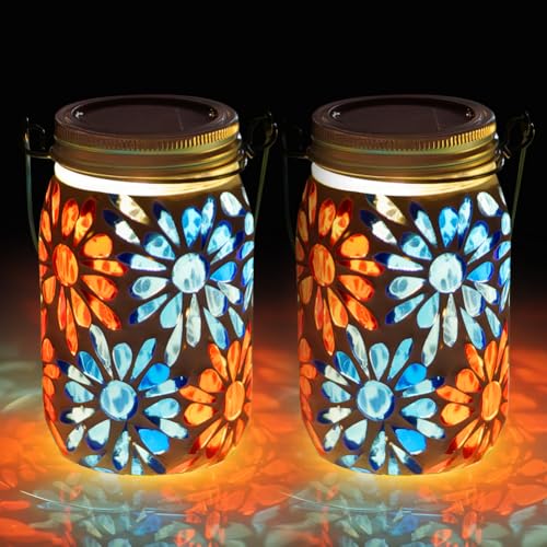 Lanterne solaire extérieure étanche : lot de 2 lampes mosaïque anti-intempéries pour jardin