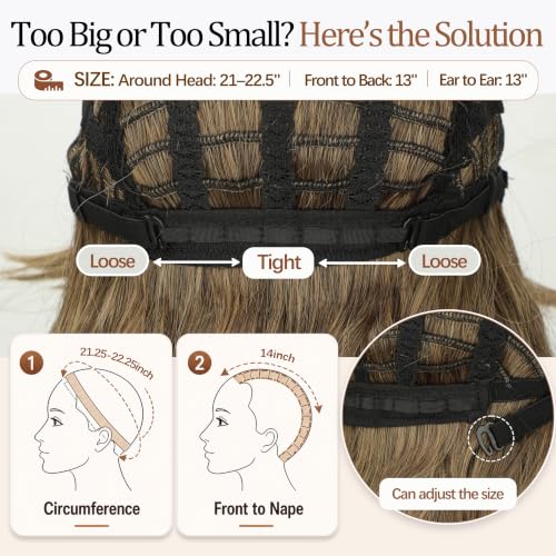 Image of Nnzes Short Wavy Bob Wig with Bangs for Women Shoulder Length Curly Soft Brown to Honey Blonde Ombre Synthetic Heat-Resistant Fiber Hair for Daily & Party Use