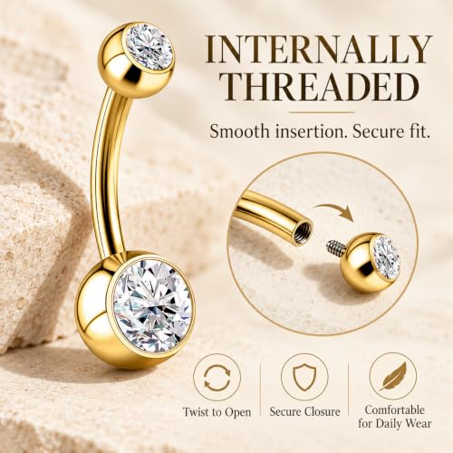 JESMODA 1PC G23 Titanium Belly Button Rings 14G 1.6MM Gold Round Cubic Zirconia Belly Rings 12MM of Length to Choose Navel Barbell Belly Piercing Jewelry for Women Men by JESMODA - Used condition - Image 3