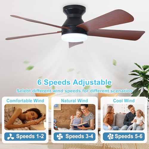Image of Depuley Modern Ceiling Fan with Light: 42-Inch Black Small Fans for Bedroom Indoor Outdoor - Dimmable Low Profile Ceiling Fans with Remote Control Flush Mount 5 Reversible Walnut Blades 6 Speeds Timer