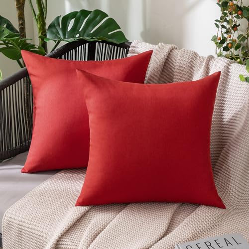 MIULEE Pack of 2 Decorative Outdoor Solid Waterproof Throw Pillow Covers Faux Linen Garden Farmhouse Cushion Cases for Summer Patio Tent Balcony Couch Sofa 18x18 Inch Red