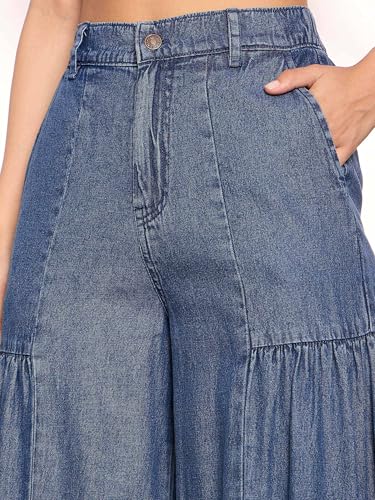 Image of Sassafras Women's Flared Washed Gathered Front - Casual Streetwear Denim Wide Leg Jeans