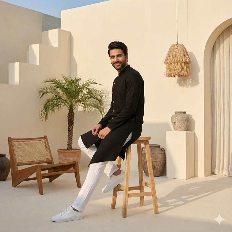Image of OOMPH! Men's Ethnic Traditional Asymmetric Kurta Polycotton Regular Fit | High Neck Full Sleeves | Traditional Indian Festive Kurta | Stylish Casual and Wedding