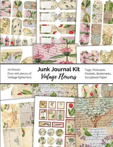 Junk Journal Kit Vintage Flowers: Vintage Ephemera for Junk Journals Vintage Scrapbook Embellishments Tags Pockets Postcards Bookmarks Scrapbook Paper