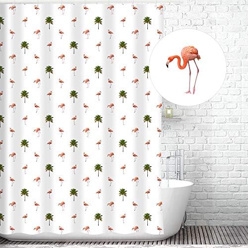 Traveling Twins Pink Flamingo & Palm Tree Shower Curtain Liner (100% Polyester Fabric, Waterproof and Mildew Resistant + Weighted Bottom) - 72 x 70 inches