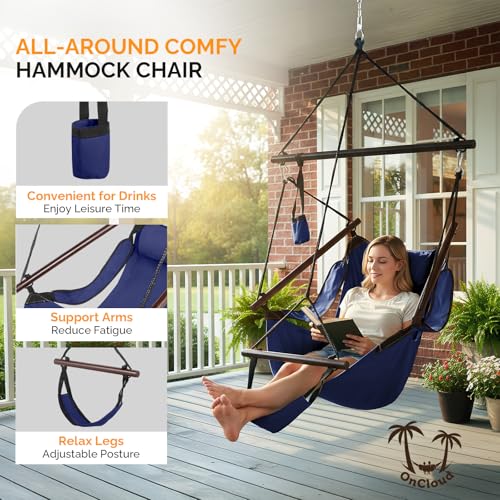 Image of ONCLOUD Sky Chair, Deluxe Hanging Hammock Air Chair Swing Seat with Pillow, Drink Holder, Solid Wood Weather Resistant for Indoor /Outdoor Yard Garden Tree Patio Porch, 250 LBS (Navy Blue)