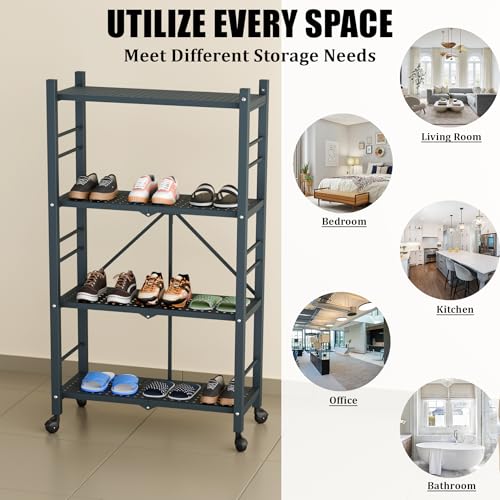Image of Sahni Foldable 4-Tier Storage Shelf | Foldable Metal Bookcase| Multi Purpose Display Unit with Wheels (Graphite Grey)