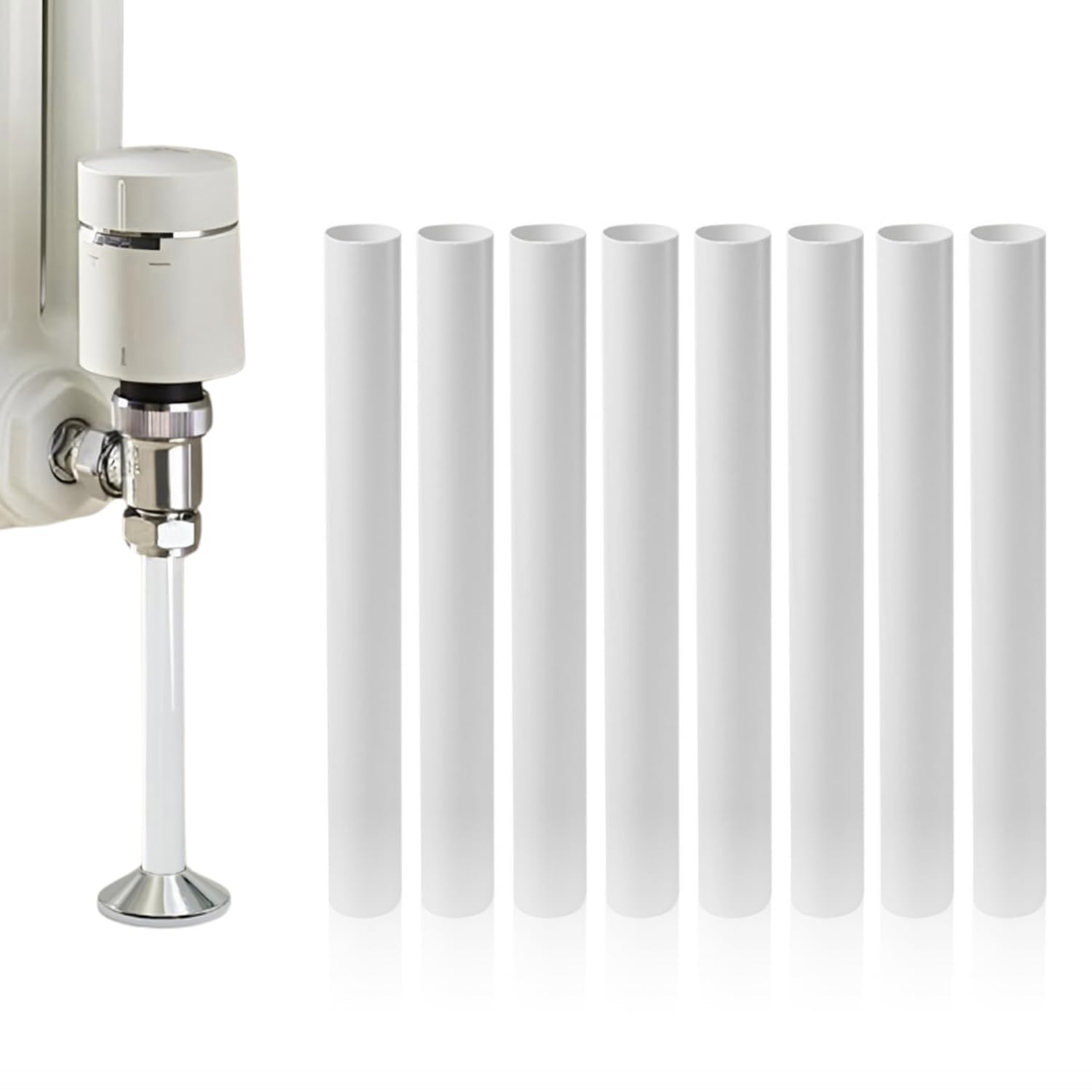 Dunnet Tools 8pc White Radiator Pipe Covers - Snap On Plastic Radiator Pipe Collars 200mm X 15mm Diameter - Easy Cut PVC Radiators Pipe Collars White For Pipes - Home Heating Accessories