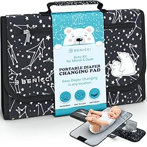 Portable Baby Diaper Changing Pad – w/Soft Built-in Pillow & Strap for Strollers – Comfortable, Lightweight & Waterproof – Made with Premium Materials – Great for Newborn Girls & Boys & for Travel