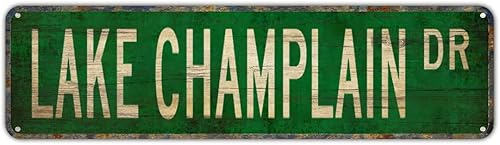 Letrero de metal con diseño de LAKE CHAMPLAIN DR, vintage, retro, placa de aluminio para dormitorio, cocina, jardín, pared, bar, club, café,