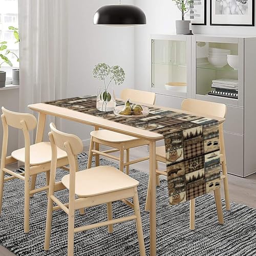 Image of Rustic Country Bear Table Runner,Vintage Wild Animals Bear Deer Forest Mountain Fish Table Cloth for Home Kitchen Dining Table Decoration Party 13x72 in