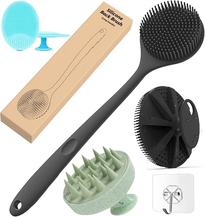 Soft Silicone Back Scrubber Long Handle Bath Brush + Face Scrubber Brush, Combination Combo, Super-Exfoliating & Lathering Body Scrubber, Shower Brush + Body Scrubber Bath Brush + Scalp Massager for Hair | BPA-Free | for Men and Women (With A Free Hook 2-pic)