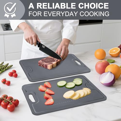 Chopping Board, Double Sided TPU Flexible Cutting Board with Scale and Handle, Non-Slip BPA Free Chopping Board with Deep Drip Juice Groove, Dishwasher Safe Chopping Boards for Kitchen, Grey Black - Image 6