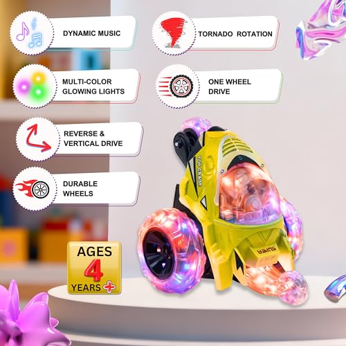 Image of Gooyo GY-0242 Rechargeable Stunt Car Toy for Kids with Tornado Rotation, Reverse Drive Function, Demo Mode, Lighting Effect & Music | Remote & USB Included | Power Source: in-Built Battery | Yellow