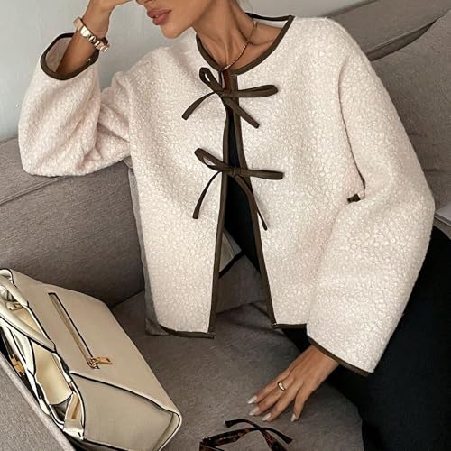FindThy Women’s Bow Tie Front Cardigan Stylish Crewneck Long Sleeve Fuzzy Faux Fur Teddy Jacket Outerwear4