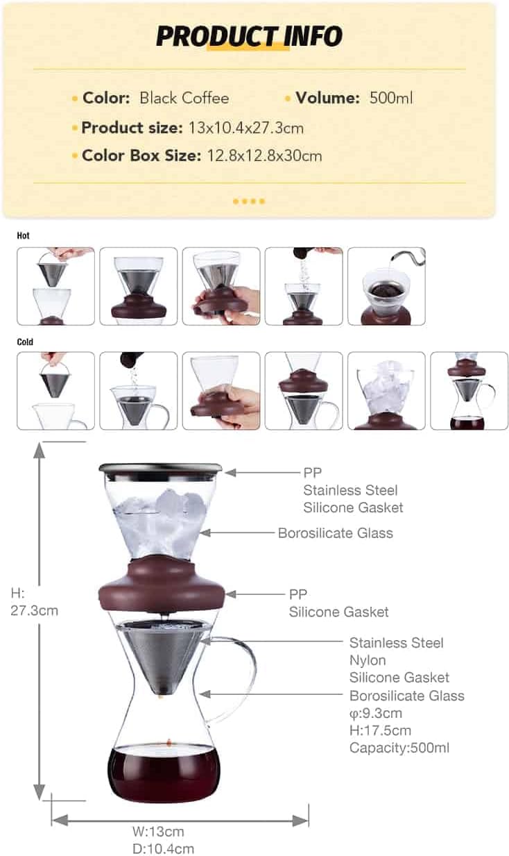 Deluxe Cold Brew Coffee Maker with Removable Stainless Steel Filter (Hot/Cold Coffee Brew 14oz)