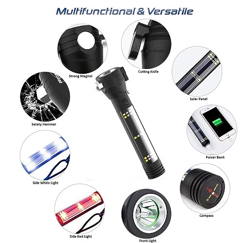 Image of Aluminium 7 Mode Rechargeable Solar Led Torch Flashlight Use for Car Emergency Power Bank, Car Emergency Tool with Window Breaker, Magnet, Cutter, Compass with Hammer