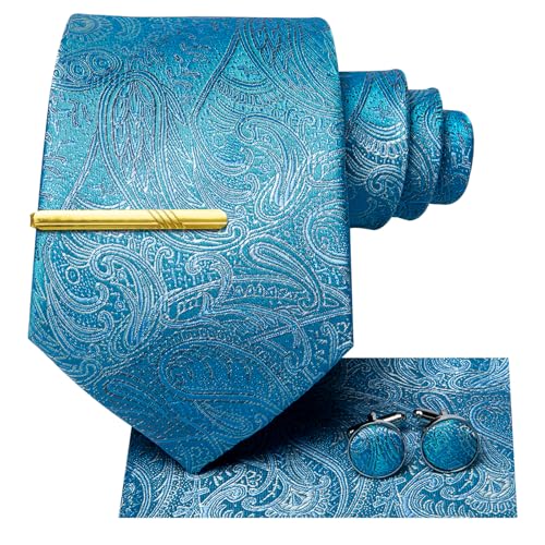 Image of Hi-Tie Paisley Turquoise Blue Men Ties Silk Jacquard Formal Business Necktie Pocket Square Cufflinks Tie Clip Set Wedding Party