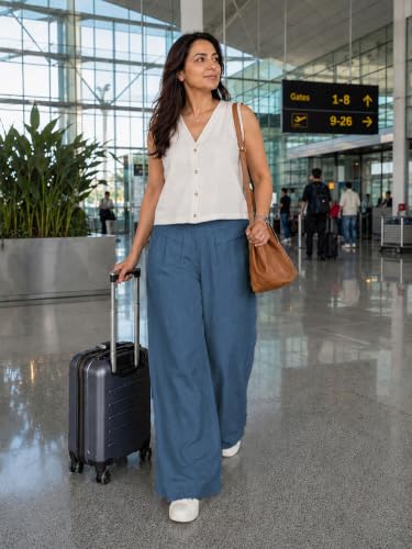 Image of Womanista Cotton Linen Flared Palazzo Pants for Woman | Wide Leg Casual Trousers with Pockets | Loose fit Plazo Pants for Women | High Waist Office wear (Available in Plus Sizes)