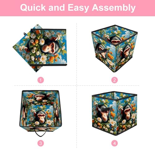 Boîte de rangement pliable fleur et singe finitions cuir - 7