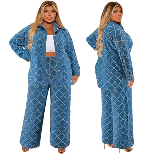 Women's Two Piece Denim Outfits Plus Size Long Sleeve Button Up Jacket Wide Leg Jeans Matching Sets2