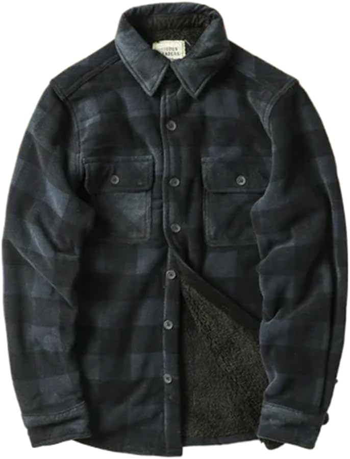 Men Shirts Winter Warm Long Sleeve Shirt Jacket Fleece Plaid Flannel Casual Coat Hiking Fishing