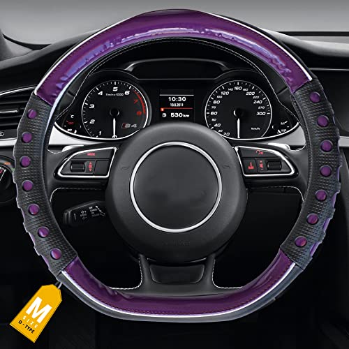 Image of NIKAVI Fashion Steering Wheel Cover - Violet Color | Size - Medium | Diameter 38 cm | D-Type | Car Steering Wheel Protector, Anti-Slip, Stylish Leather Finish Grip Cover for Flat Bottom Wheels