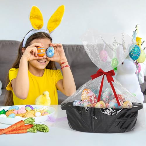 Image of Small Baskets for Gifts Empty, 13 inchx 9 inchx 5 inch Woven Gift Basket with Bag and Ribbon, Cotton Rope Kids Dog Cat Toy Bin Box, Cute Baby Nursery Organizer, Decorative Storage with Handles (Black)