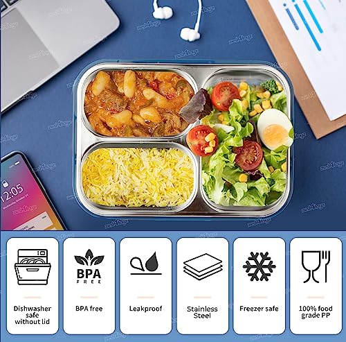 Image of Zest 4 Toyz Lunch Box for Kids Adults 3 Compartments Tiffin Box Stainless Steel with Spoon & Fork Eco-Friendly Lunch Food Containers for School, Office - Multicolor