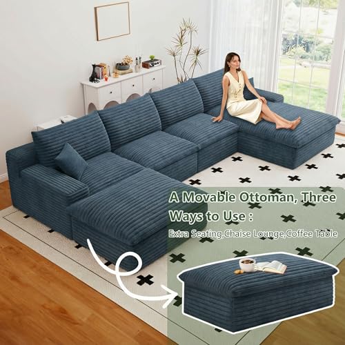 Image of 136 inch Cloud Couch Modular Sectional Sofa for Living Room, U-Shape Boneless Couch with Deep Seat, Modern Corduroy 4-Seater with Ottoman, No Assembly Required (Blue,Right-Facing Chaise)
