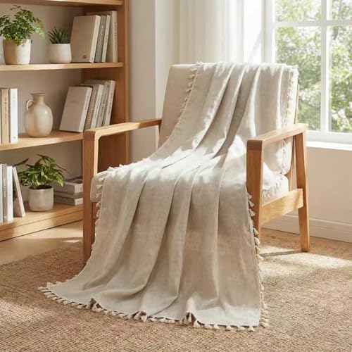 Yamalinn 100% Linen Throw Blanket 50x60 Inch Lightweight Boho Decorative Blanket for Couch Bed Sofa French Country Style with All Edge Tassels Farmhouse Living Room Decor