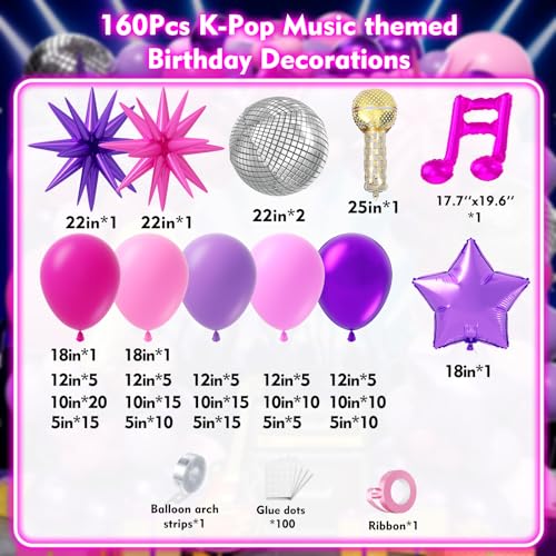 Image of K-Pop Music themed Birthday Decorations 160Pcs, Hot Pink Metallic Purple Balloon Garland Arch Kit with Disco Notes Star Foil Balloons for Girls Fans Birthday Grad Prom Princess Party Decor