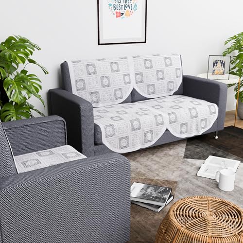 Image of Kuber Industries (Set of 6) Stylish & Durable Cotton Sofa Covers 2+1 Seater | Washable Sofa Protector /Mat & Slipcover for Living Room & Office | Square Flower - White